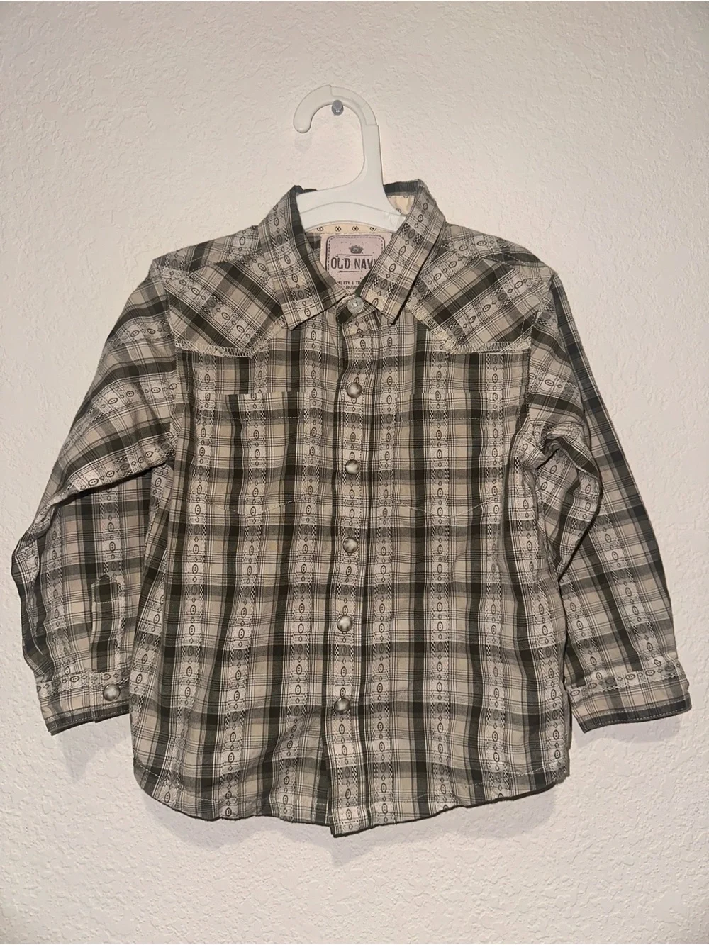 Y2K Old Navy Boys Olive and White Western Cowboy Plaid Button-Down Shirt 3T
